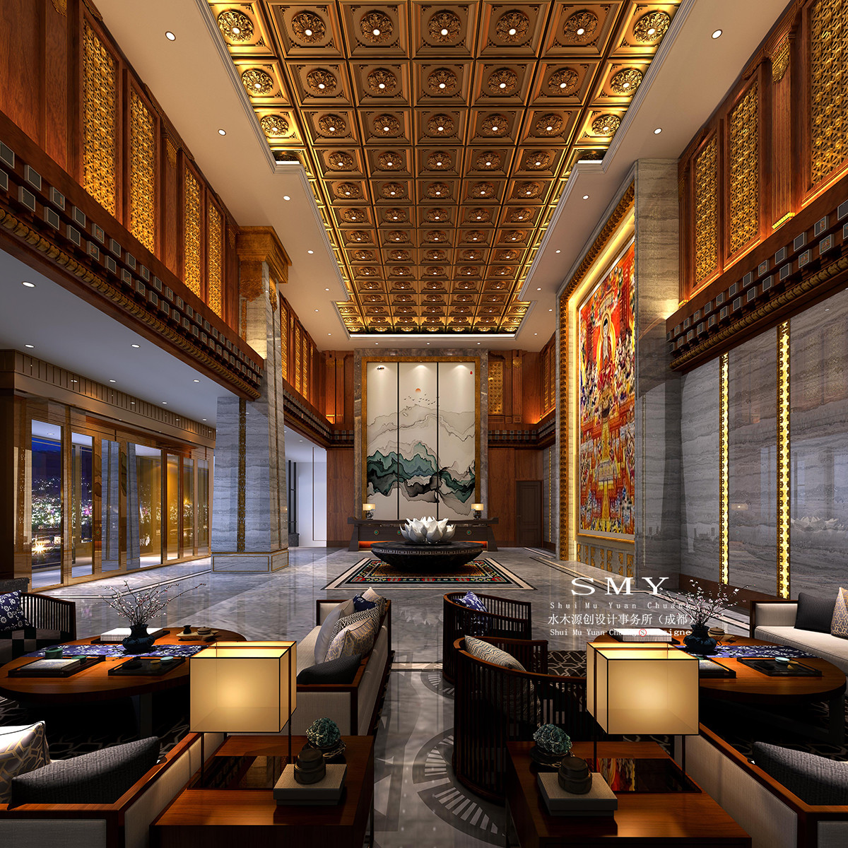藏式酒店設(shè)計(jì)，酒店大堂大廳空間裝飾設(shè)計(jì)效果圖